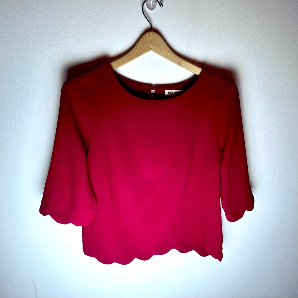 Monteau Red Chiffon 3/4 Sleeve Red Scalloped Hem Blouse - Work Top